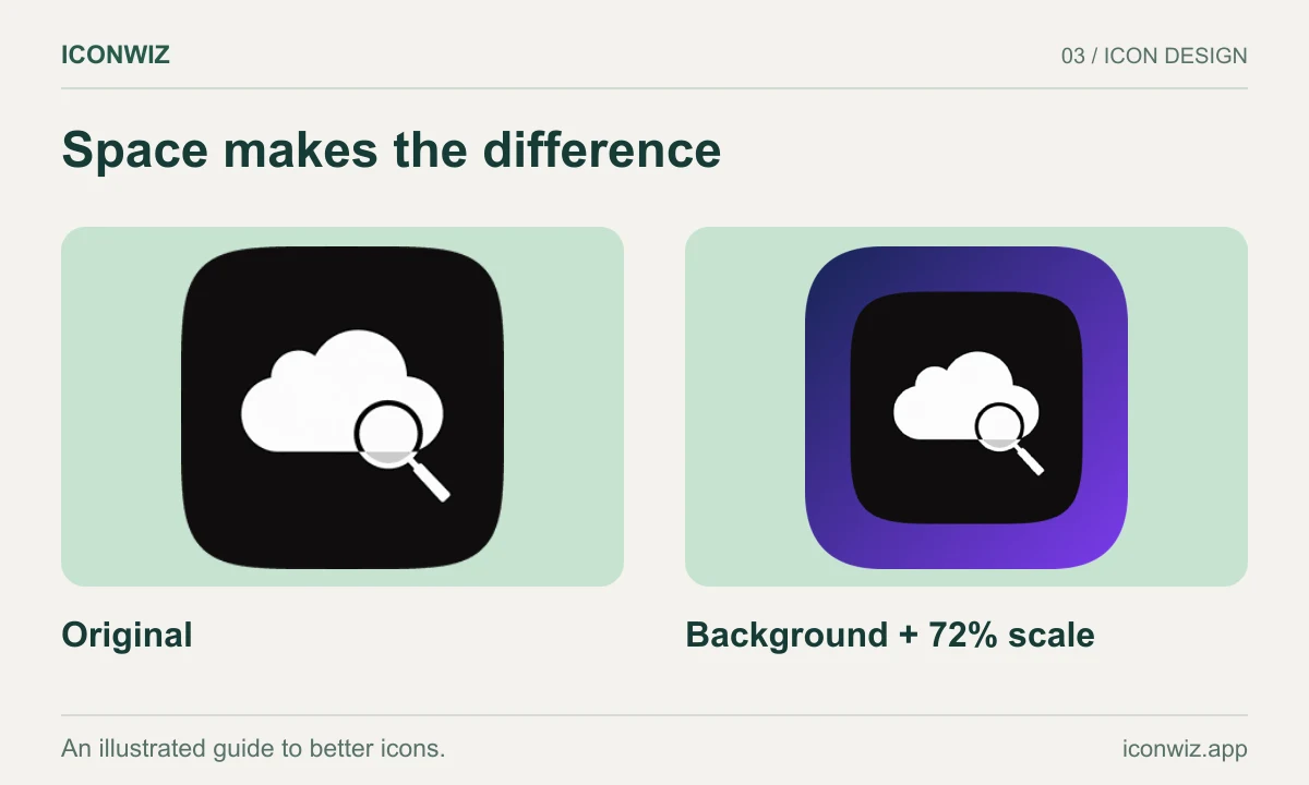 Original cloud icon beside a real rendered version with gradient background and 72 percent source scale