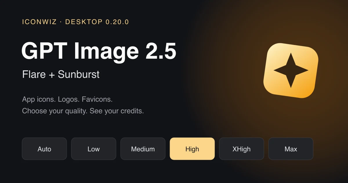 Iconwiz 接入 GPT Image 2.5 Flare 和 Sunburst,提供六种输出质量选项