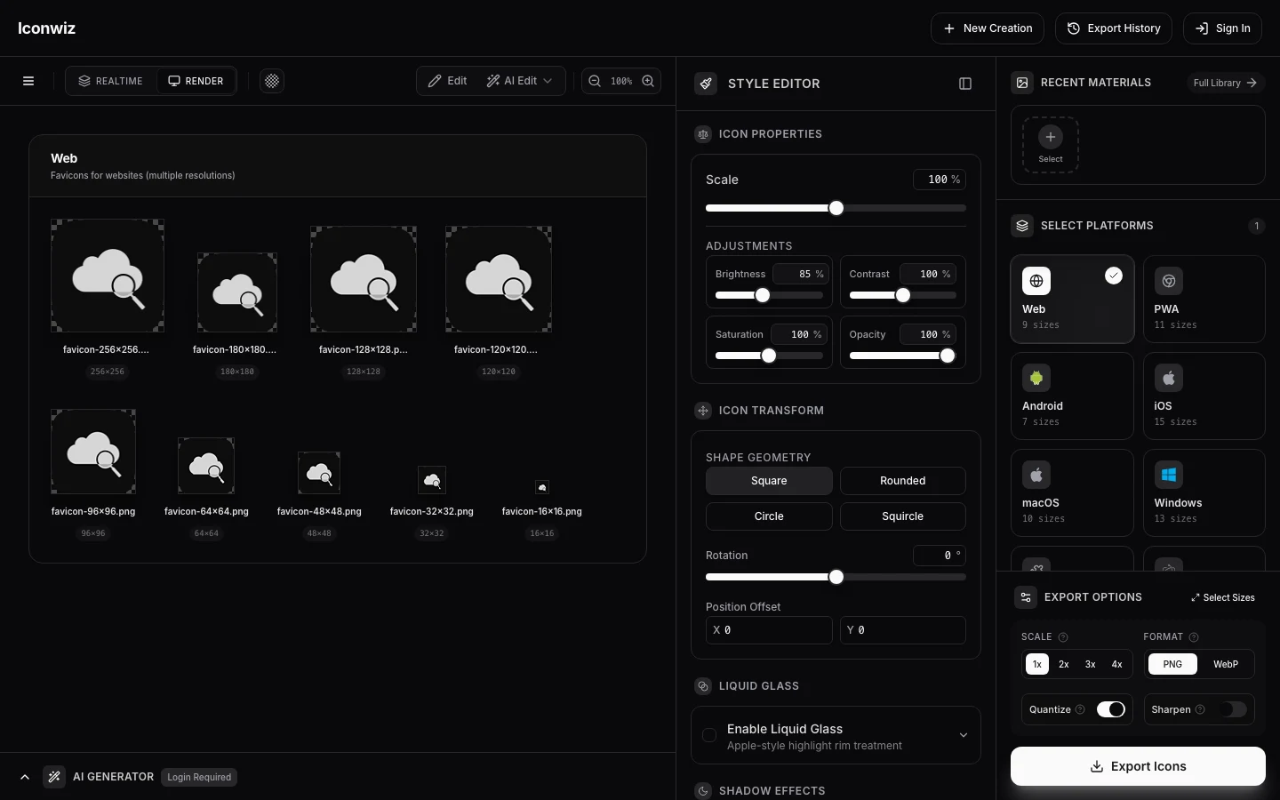 Iconwiz 英文编辑器中的 Web 图标预览、亮度控件与平台选择
