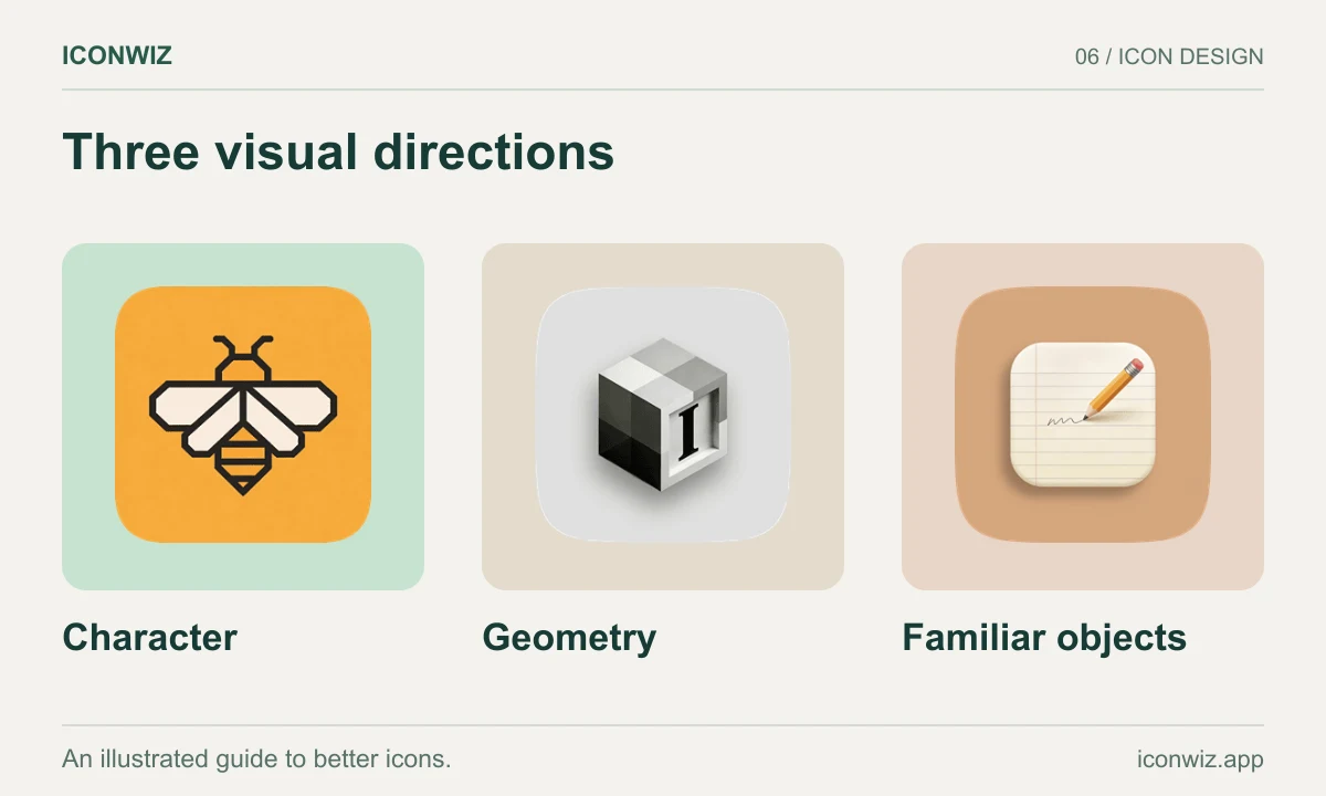 Three repository example icons illustrating character, geometry and familiar objects